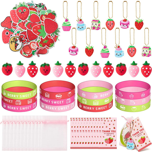 Haooryx 110PCS Strawberry Theme Party Favors Fruit Mochi Toys Berry Sweet Rubber Bracelet Acrylic Strawberry Scrapbook Stickers Keychains with Thank You Card for Girls Birthday Summer Party Goodie Bag
