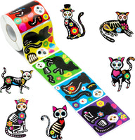 Haooryx 300pcs Day of The Dead Cat Skeleton Make A Face Sticker Roll Mexican Fiesta Skeleton Cat Make Your Own Sticker Decals Día de Muertos Sticker for Dia de Los Muertos Party Favor Supply