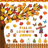 Haooryx 143Pcs Fall Autumn Fall in Love with Jesus Sunday School Classroom Bulletin Board Set Fall Tree Pumpkin Scarecrow Paper Patterned Cut-Outs for Faith Religious Church School Board Decor