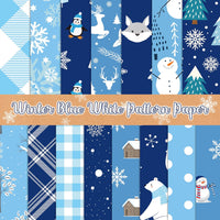 Haooryx 60pcs Blue and White Winter Theme Pattern Paper Set, 11x11 Inch Snowflakes Snowman Penguin Polar Bear Blue and White Plaid Double-Sided Glossy Origami Paper Christmas DIY Gift Wrapping Paper