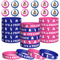 Haooryx 48Pcs Royal Prince or Princess Gender Reveal Bracelet and Button Party Favors, African American Baby Silicone Wristband Badge Pin Gender Reveal Party Supplies Newborn Baby Shower Voting Games