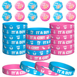 Haooryx 48Pcs Bear Gender Reveal Bracelet and Button Party Favors, Pink Blue Team Boy Team Girl Silicone Wristband Button Badge Pin Gender Reveal Party Newborn Baby Shower Voting Games Supplies