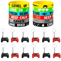 Haooryx 24 Pcs Video Game Party Favor Include Game Handle Keychains and Rubber Bracelets Inspired Silicone Wristbands Key Ring Pendant for Video Game Party Supplies Kids Birthday Gift Fillers