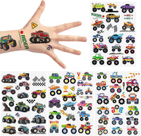 Haooryx 8 Sheets Monster Trucks Temporary Tattoos for Kids Waterproof Vehicle Fake Tattoos Checkered Racing Flag Dirt Cars Body Sticker Cartoon Art Decal Birthday Party Favor Supplies for Boys Girls