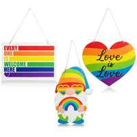 Haooryx 3Pcs LGBT Gay Pride Day Wooden Hanging Door Sign, Rainbow Gnome Wooden Sign Love is Love Hanging Sign Everyone is Welcome Here Decorative Wood Sign Indoor Outdoor Wall Party Decor Supplies