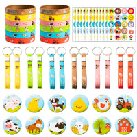 Haooryx 48Pcs Farm Animals Party Favors, Barnyard Animals Silicone Bracelets Wristbands Rubber Keychains Button Pins Cartoon Stickers Birthday Party Supplies Prize Gift Goodie Bag Fillers for Kids