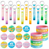 Haooryx 36Pcs Inspirational Rubber Wristbands Silicone Keychains and Button Badge Pins, Motivational Silicone Bracelet Party Favor Supplies for Kids Teens Birthday Gift Goodie Bag Fillers Class Reward