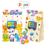 HAOORYX 24 Pack Word Party Paper Bags, Cartoon Party Favor Gift Bag Recyclable Goodies Candy Treat Bags for Kids Theme Birthday Party Supplies Children Rewards Baby Shower Decoration& 4 sheet stickers