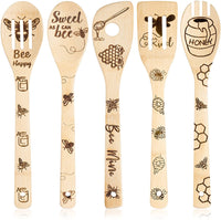 Haooryx 5Pcs Bee Wooden Spoons Spatula Set, Bee Themed Cooking Utensils Non-Stick Carve Spoons Burned Bamboo Cookware Kitchen Gadget Kit Housewarming Gift Chef Present Funny Kitchen Decor