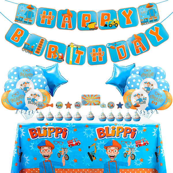 Haooryx 32Pcs Blippi Birthday Party Decorations Supplies Kit for Kids-12" Latex Balloons Star Aluminum Foil Balloons, Happy Birthday Banner, Blippi Cake Toppers and Table cover for Blippi Theme Party