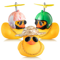 Haooryx 3 Pack Summer Rubber Ducks Toys Car Ornaments, Yellow Ducky Car Dashboard Decoration Summer Theme Novelty Squeeze Ducks with Straw Hat Helmet Propellers Glasses Gold Chain for Kids Adults