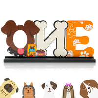 Haooryx Dog ONE Letter Sign Wooden Centerpiece, Woof One Ornament Milestone for Dog Party Supplies Puppy Birthday Decorations Tables Desk Decor Photo Props for One Year Old Pet Dog First Birthday