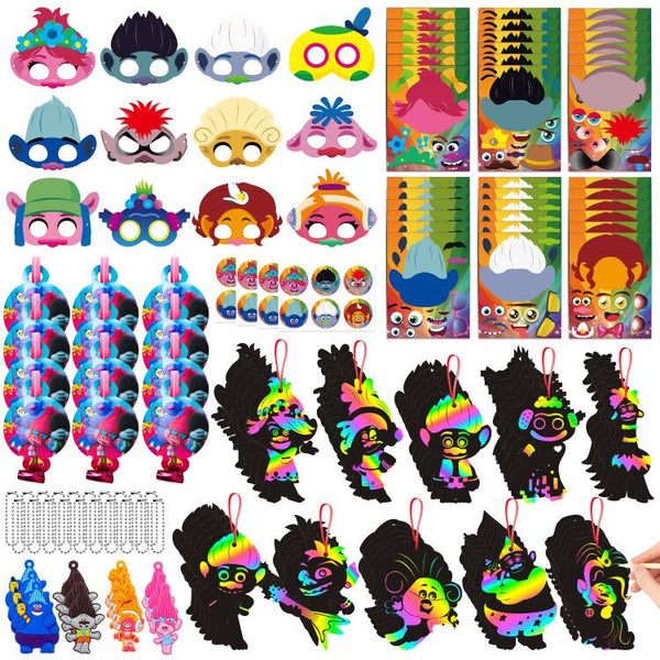 HAOORYX 116Pcs Cartoon Party Favor Supplies for Kids, Fun Toys Party Return Gift Goodie Bag Classroom Rewards, Include Bracelet Key Chains Rings Straws Stickers Cartoon Mask and Plastic Gift Bag
