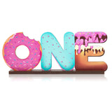 Haooryx Donut ONE Letter Sign Wooden Centerpiece, Sweet One Doughnut Theme 1st Birthday Party Decoration Baby Girls First B-day Baby Shower Table Topper Ornament Photo Props for One Year Old Kids