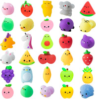 Haooryx 30Pcs Mochi Squeeze Toys for Kids Party Decorations Favors Stress Relief Birthday Gift Treat Goodie Bags Fruit and Random Animals Shape Kawaii Mini Toys Classroom Prize for Boys Girls