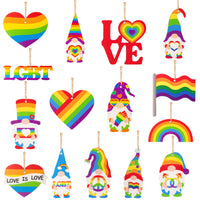 Haooryx 46Pcs LGBT Gay Pride Wooden Gnome Ornaments Rainbow Heart Flag LOVE Shaped Wood Pendants with Ropes Love is Love Hanging Tags for LGBTQ Gay Lesbian Pride Party Supplies Decorations
