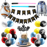 HAOORYX 35PCS Galaxy Wars Birthday Party Favor Supplies for Kids, Black Series Birthday Banner Vader Cake Topper Decoration 12 inch Latex Balloons War Lightsaber BB8 Robot Aluminum Foil balloons