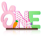 Haooryx Easter Bunny One Wooden Table Centerpiece, Some Bunny is One Letter Sign Table Decoration for Girls Pink Bunny First Birthday Easter Day Party Decor Supplies Spring Holiday Rabbit Photo Prop