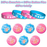 Haooryx 48Pcs Bear Gender Reveal Bracelet and Button Party Favors, Pink Blue Team Boy Team Girl Silicone Wristband Button Badge Pin Gender Reveal Party Newborn Baby Shower Voting Games Supplies