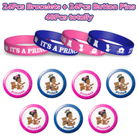 Haooryx 48Pcs Royal Prince or Princess Gender Reveal Bracelet and Button Party Favors, African American Baby Silicone Wristband Badge Pin Gender Reveal Party Supplies Newborn Baby Shower Voting Games