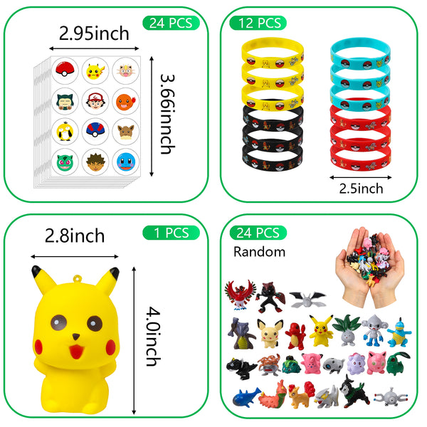 HAOORYX 105Pcs Pikachu Party Favors-Make a Face Stickers, Party Masks, Rubber Bracelet Wristband, Cute Stickers, Mini Action Figures, Squishy Toys for Themed Birthday Party Supplies Birthday Gifts