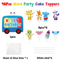 HAOORYX 49Pcs Word Party Happy Birthday Cake Topper Cute Cupcake Decorations Set Party Favor Supplies for Boys Girls Word Party Themed Parties Baby Shower - 1 big Cake Toppers + 48 Cupcake Toppers