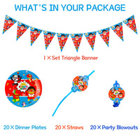 HAOORYX 61pcs Ryans Toy World Party Supplies Kit, Fun Ryans Themed Party Favor for Kids Birthday, Including Ryan Pennant Banner Flag Cartoon Disposable Paper Plates Plastic Straws Blowing Dragon