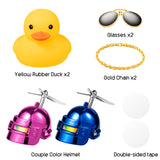 Haooryx 2 Pack Rubber Duck Toys Car Decorations Cool Helmet Yellow Duck Car Dashboard Ornaments Set, Blue and Pink Rubber Ducks with Propellers Helmet, Sunglasses, Gold Chain for Adults, Kids Gift