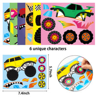 Haooryx 24Pcs Monster Truck Make Your Own Stickers, Cartoon Make a face Sticker Game for Monster Truck-Themed Birthday Party Decorations Favor Supplie