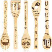 Haooryx 5 Pcs Schitt's Creek Wooden Spoons Set Novelty Kitchen Cooking Utensils Natural Non-Stick Carve Burned Bamboo Cooking Spoon Slotted Spatula House Warming Presents Fun Gift Idea