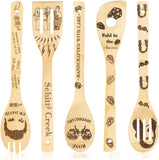 Haooryx 5 Pcs Schitt's Creek Wooden Spoons Set Novelty Kitchen Cooking Utensils Natural Non-Stick Carve Burned Bamboo Cooking Spoon Slotted Spatula House Warming Presents Fun Gift Idea