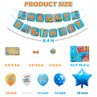 Haooryx 32Pcs Blippi Birthday Party Decorations Supplies Kit for Kids-12" Latex Balloons Star Aluminum Foil Balloons, Happy Birthday Banner, Blippi Cake Toppers and Table cover for Blippi Theme Party