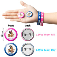 Haooryx 48Pcs Royal Prince or Princess Gender Reveal Bracelet and Button Party Favors, African American Baby Silicone Wristband Badge Pin Gender Reveal Party Supplies Newborn Baby Shower Voting Games