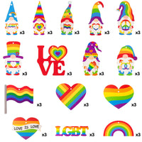 Haooryx 46Pcs LGBT Gay Pride Wooden Gnome Ornaments Rainbow Heart Flag LOVE Shaped Wood Pendants with Ropes Love is Love Hanging Tags for LGBTQ Gay Lesbian Pride Party Supplies Decorations