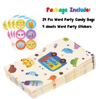 HAOORYX 24 Pack Word Party Paper Bags, Cartoon Party Favor Gift Bag Recyclable Goodies Candy Treat Bags for Kids Theme Birthday Party Supplies Children Rewards Baby Shower Decoration& 4 sheet stickers