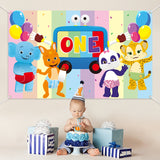 HAOORYX Word Party Inspired 1st Birthday Photo Backdrop, Cartoon Adorable Animal Photography Background for Baby Shower Toddler First Birthday Party Decorations Photoshoot Banner (6×3.6 ft)