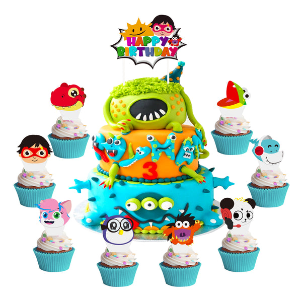 Haooryx 49Pcs Ryan Happy Birthday Cake Cupcake Toppers Decorations Supplies Ryans Theme Birthday Cake Dessert Decor Party Favor for Kids Baby Shower, 1 Big Cake Toppers + 48 Paper Cupcake Toppers