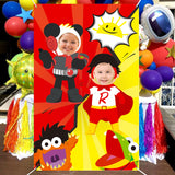 Haooryx Ryans Photo Door Banner Backdrop Props Large Fabric Photography Booth Background, Funny Pretend Play Party Games Supplies for Ryan Theme Birthday Party Decorations with Ribbon, 5 x 3.2 Ft
