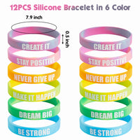 Haooryx 36Pcs Inspirational Rubber Wristbands Silicone Keychains and Button Badge Pins, Motivational Silicone Bracelet Party Favor Supplies for Kids Teens Birthday Gift Goodie Bag Fillers Class Reward