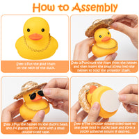 Haooryx 3 Pack Summer Rubber Ducks Toys Car Ornaments, Yellow Ducky Car Dashboard Decoration Summer Theme Novelty Squeeze Ducks with Straw Hat Helmet Propellers Glasses Gold Chain for Kids Adults