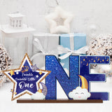 Haooryx Twinkle Twinkle Little Star ONE Letter Sign Wooden Centerpiece Table Decoration, Glitter Blue Star Wood Table Topper Sign for Baby Boy 1st First Birthday Party Supplies Baby Shower Decor