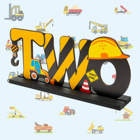 Haooryx Construction Truck Two Letter Sign Wooden Table Centerpiece for Boys, Two Years Old Baby 2nd Birthday Party Decorations, Construction Theme Party Supplies Baby Shower Decor Photo Props