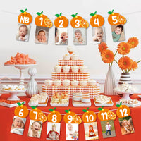 Haooryx Little Cutie Citrus One Photo Banner Newborn to 12 Months 1st Birthday Photograph Display Milestone, Fall Theme Orange Baby Shower Hanging Bunting Backdrop Tangerine First Birthday Party Favor