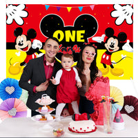 HAOORYX Baby First Birthday Decorations, Fabric Banner Backdrop, Mickey Themed Party supplies for Baby One Year Old Background -72.8 x 43.3 inch