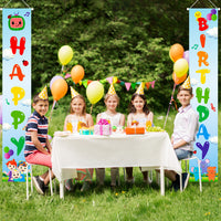 Haooryx Cocomelon Happy Birthday Porch Sign Theme Party Signs Banner Decoration, Indoor Outdoor Yard Hanging Welcome Sign Wall Decor Photo Booth Prop for Kids Birthday Party Baby Shower Favor Supplies