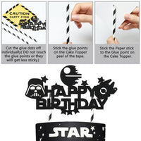 HAOORYX 35PCS Galaxy Wars Birthday Party Favor Supplies for Kids, Black Series Birthday Banner Vader Cake Topper Decoration 12 inch Latex Balloons War Lightsaber BB8 Robot Aluminum Foil balloons