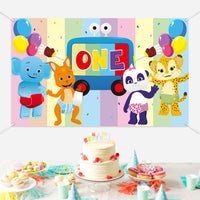 HAOORYX Word Party Inspired 1st Birthday Photo Backdrop, Cartoon Adorable Animal Photography Background for Baby Shower Toddler First Birthday Party Decorations Photoshoot Banner (6×3.6 ft)