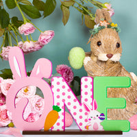 Haooryx Easter Bunny One Wooden Table Centerpiece, Some Bunny is One Letter Sign Table Decoration for Girls Pink Bunny First Birthday Easter Day Party Decor Supplies Spring Holiday Rabbit Photo Prop