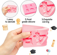 Haooryx 5Pcs Graduation Fondant Silicone Molds 2022 Grad Cap Diploma Scroll Letters Numbers Candy Chocolate Cupcake Topper Decoration Mold for Graduation Celebration Party Supplies Cake Decor