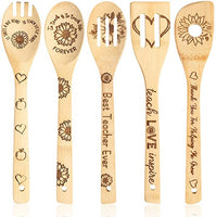 Haooryx 5Pcs Teacher Appreciation Sunflower Theme Bamboo Spoons Utensil Set, Non-Stick Carve Burned Bamboo Cookware Kitchen Gadget Kit for Teacher Appreciation Gift Teachers Day Back to School Present